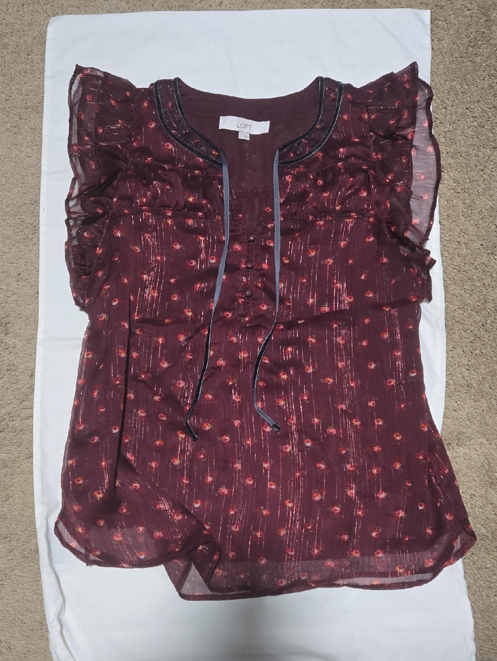 LOFT Maroon Floral Ruffle Tie-Neck Blouse Size S